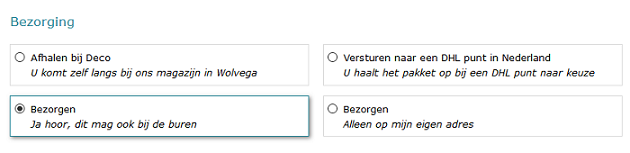 Keuze afhalen / bezorgen / DHL Servicepoint